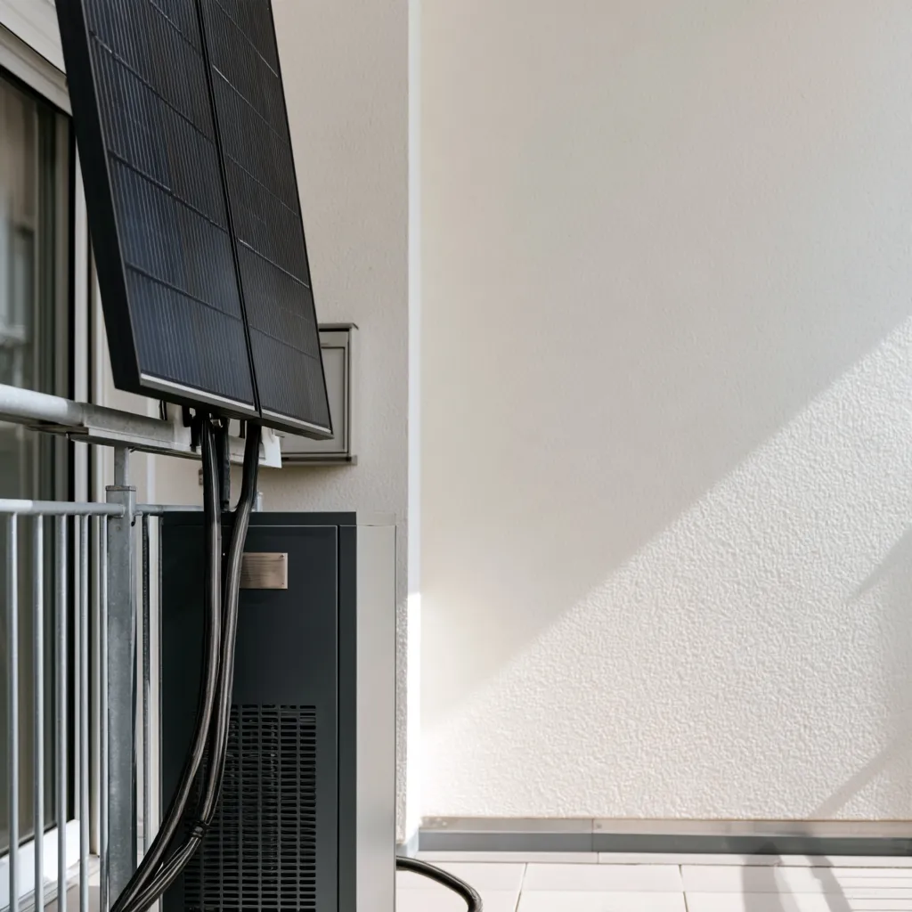 A dark grey battery storage unit on a balcony, two photovoltaic modules mounted on the railing above it, thick cables running from the modules into the unit.